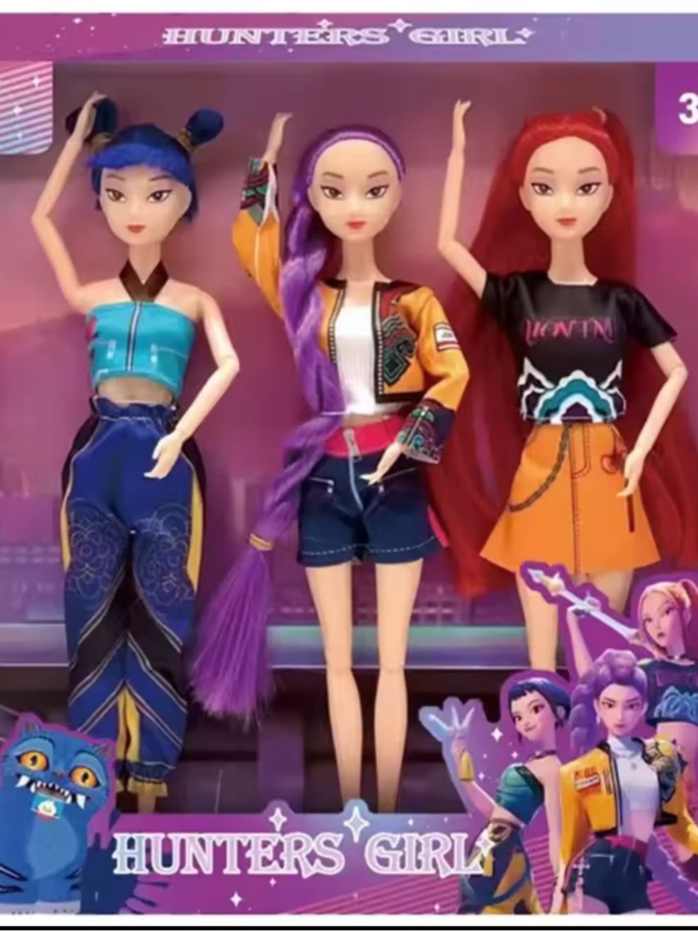 Kpop demon Hunters' Girl 3-Piece Fashion Doll Set - Purple, Red, Blue